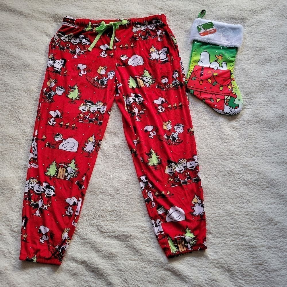 NEW Christmas snoopy Pajama pants size L and stocking bundle